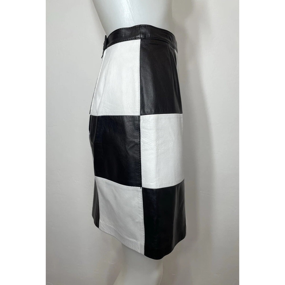 Vintage 90s Bagatelle Leather Checkered Mini Pencil Skirt Mod Retro Waist 27" - Picture 4 of 16